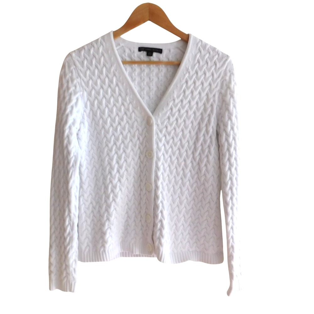 Brooks Brothers 346 Cable Knit Cardigan Sweater Womens Large Cotton White Chunky
